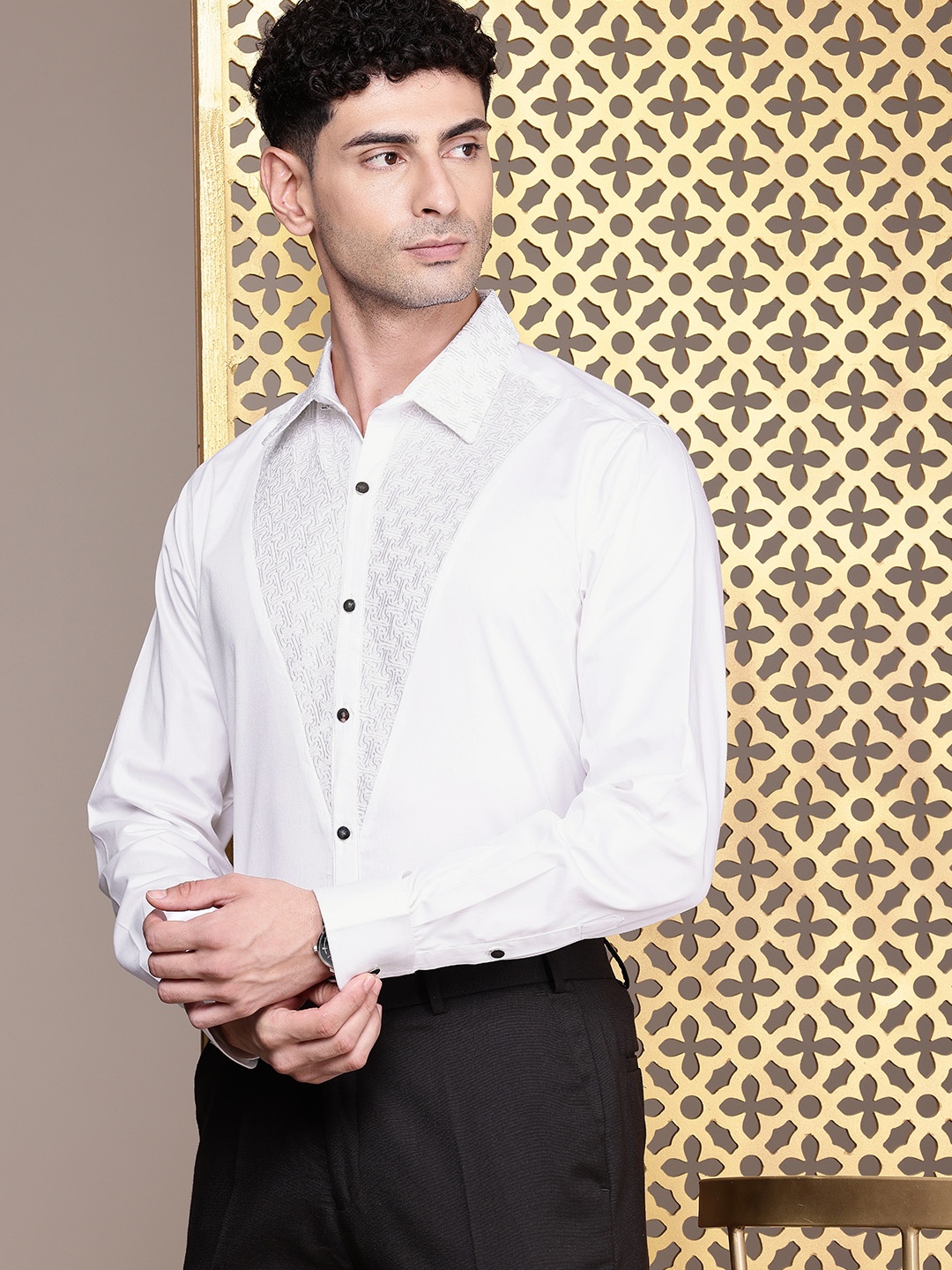 

House of Pataudi Pure Cotton Geometric Embroidered Party Shirt, White