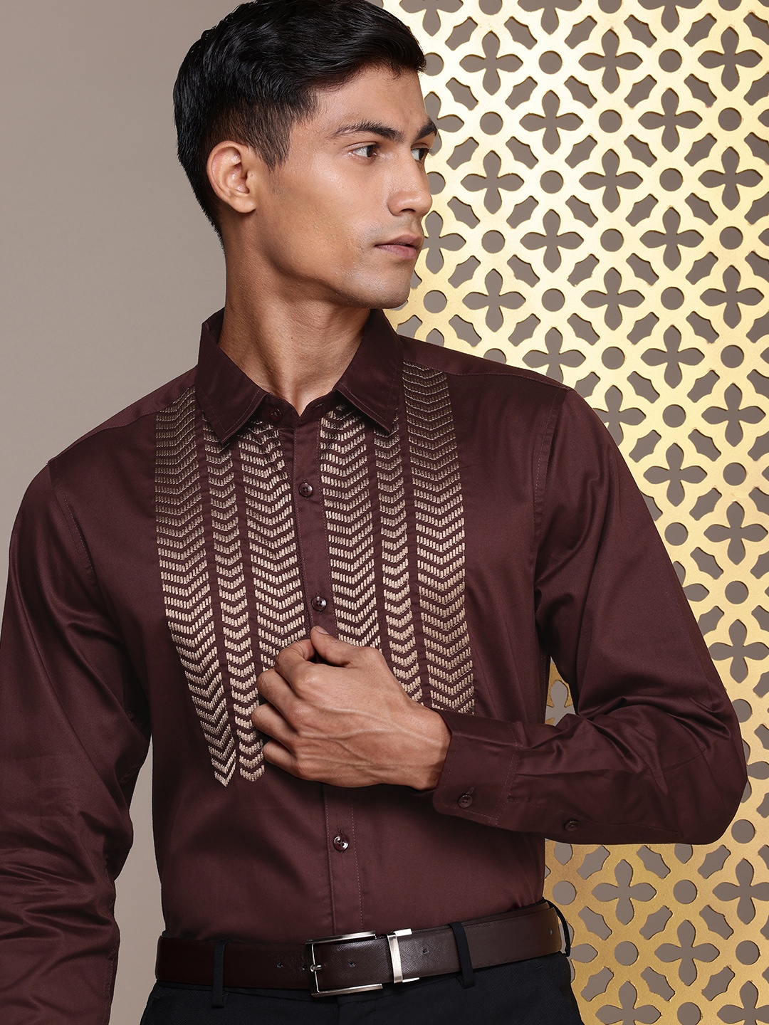 

House of Pataudi Geometric Embroidered Pure Cotton Party Shirt, Burgundy
