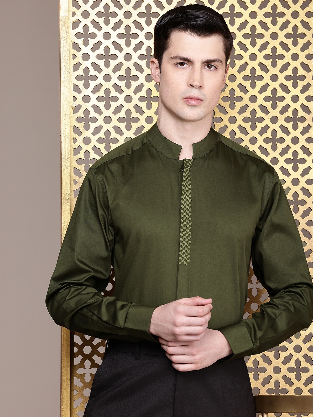 

House of Pataudi Pure Cotton Embroidered Detail Opaque Party Shirt, Olive