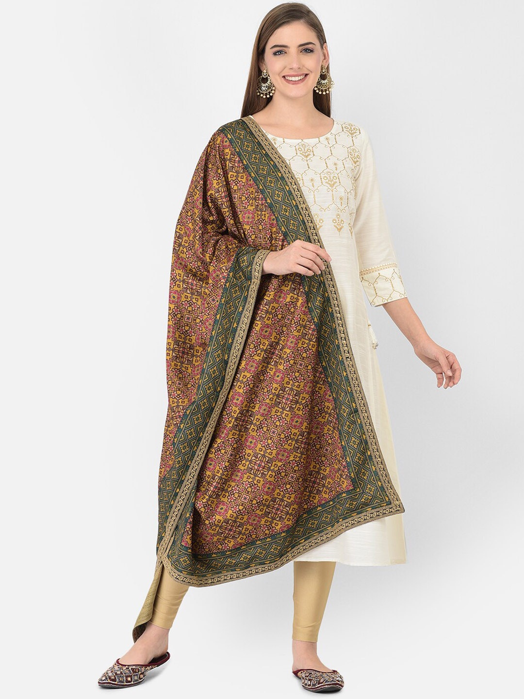 

Span Round Neck Three-quarter Sleeves Ethnic Motifs Yoke Design Thread Work A-Line Kurta, White