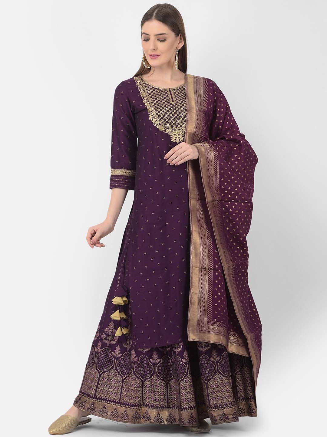 

Span Round Neck Three-quarter sleeves Ethnic Motifs Anarkali Cotton Kurta, Purple