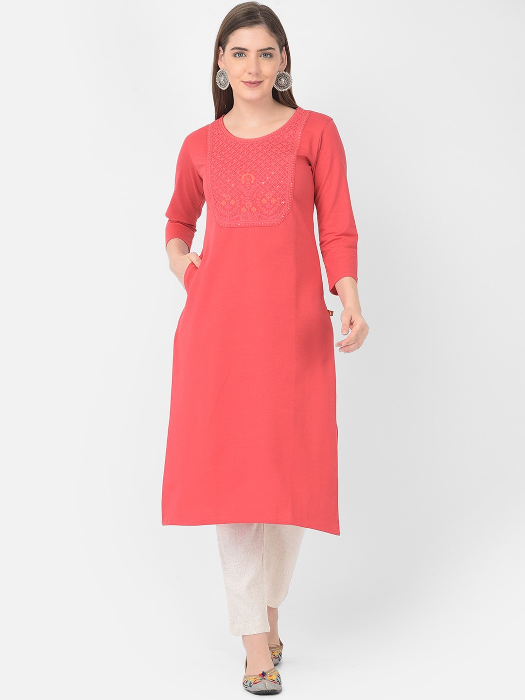 

Span Round Neck Three-quarter sleeves Yoke Design Thread Work Cotton Straight Kurta, Pink