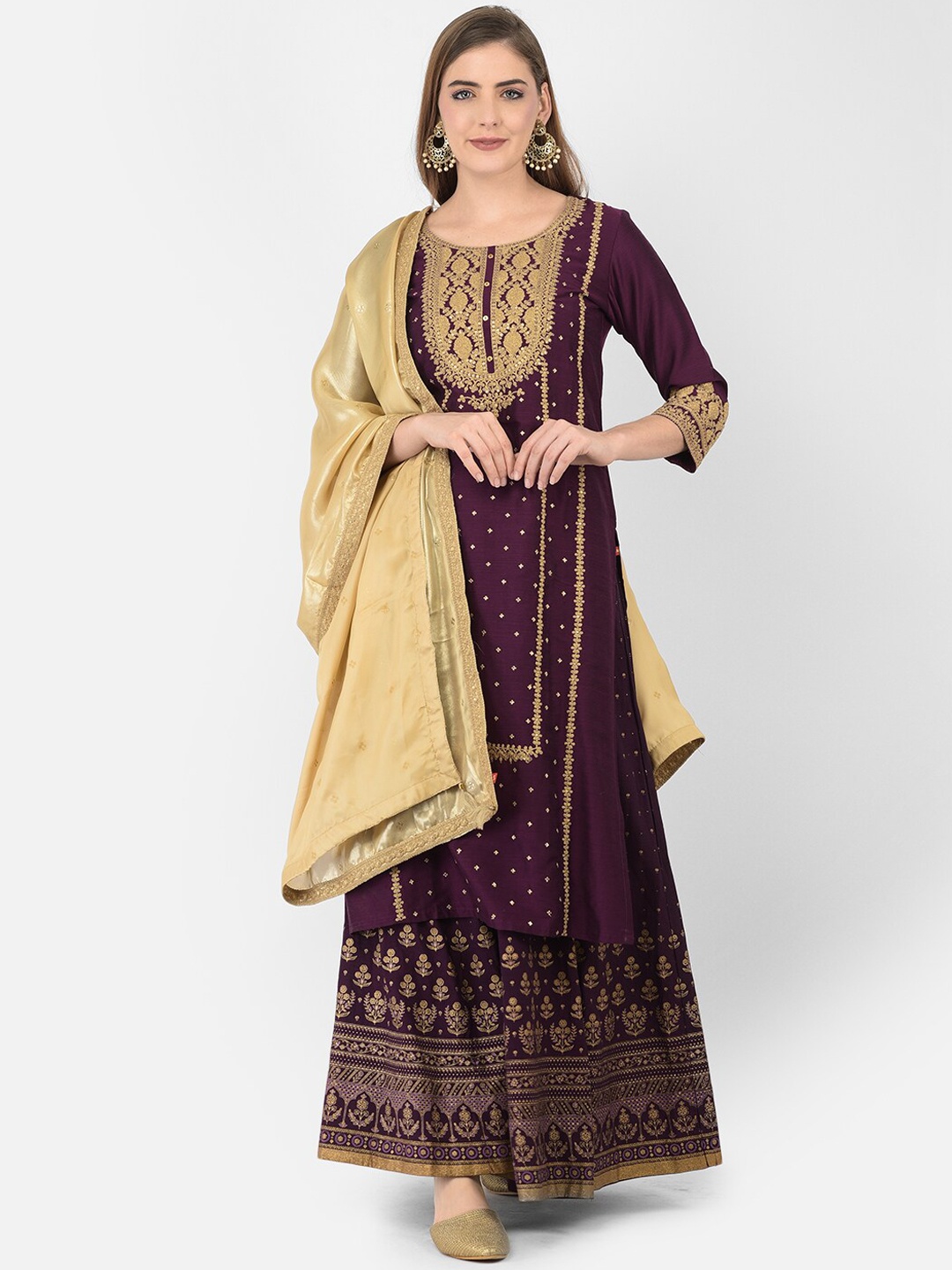 

Span Scoop neck Ethnic Motifs Embroidered Thread Work Cotton Straight Kurta, Purple