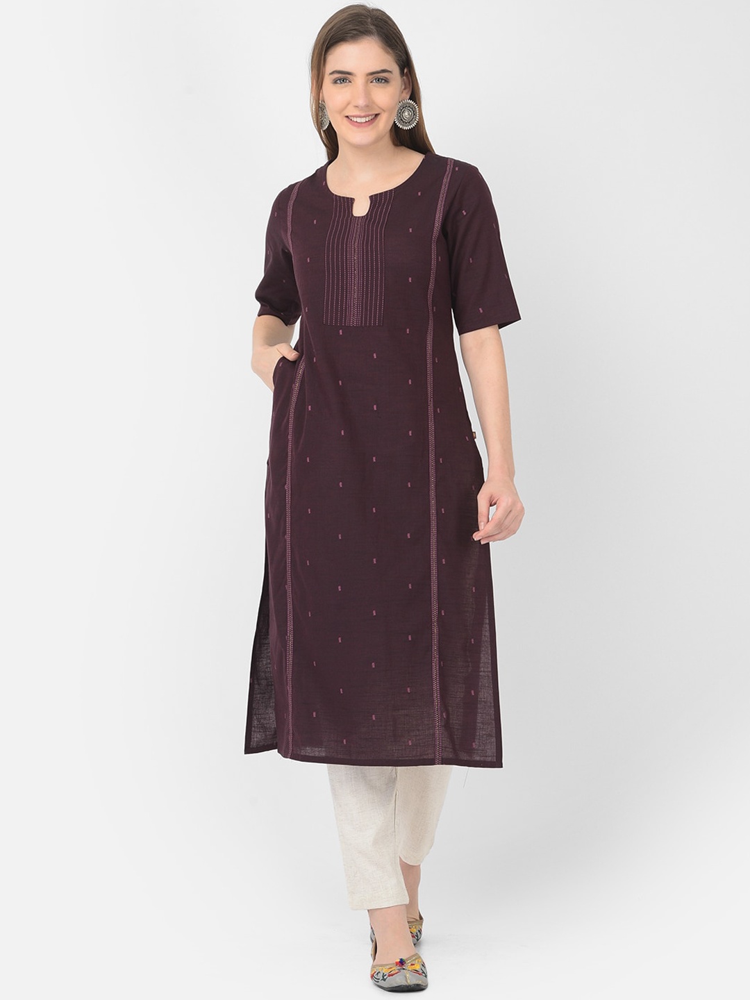 

Span Geometric Embroidered Keyhole Neck Cotton Straight Kurta, Purple