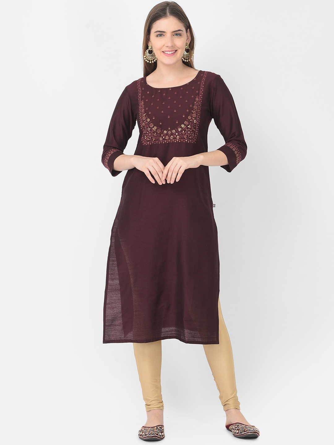 

Span Yoke Design Embroidered Round Neck Cotton Straight Kurta, Purple