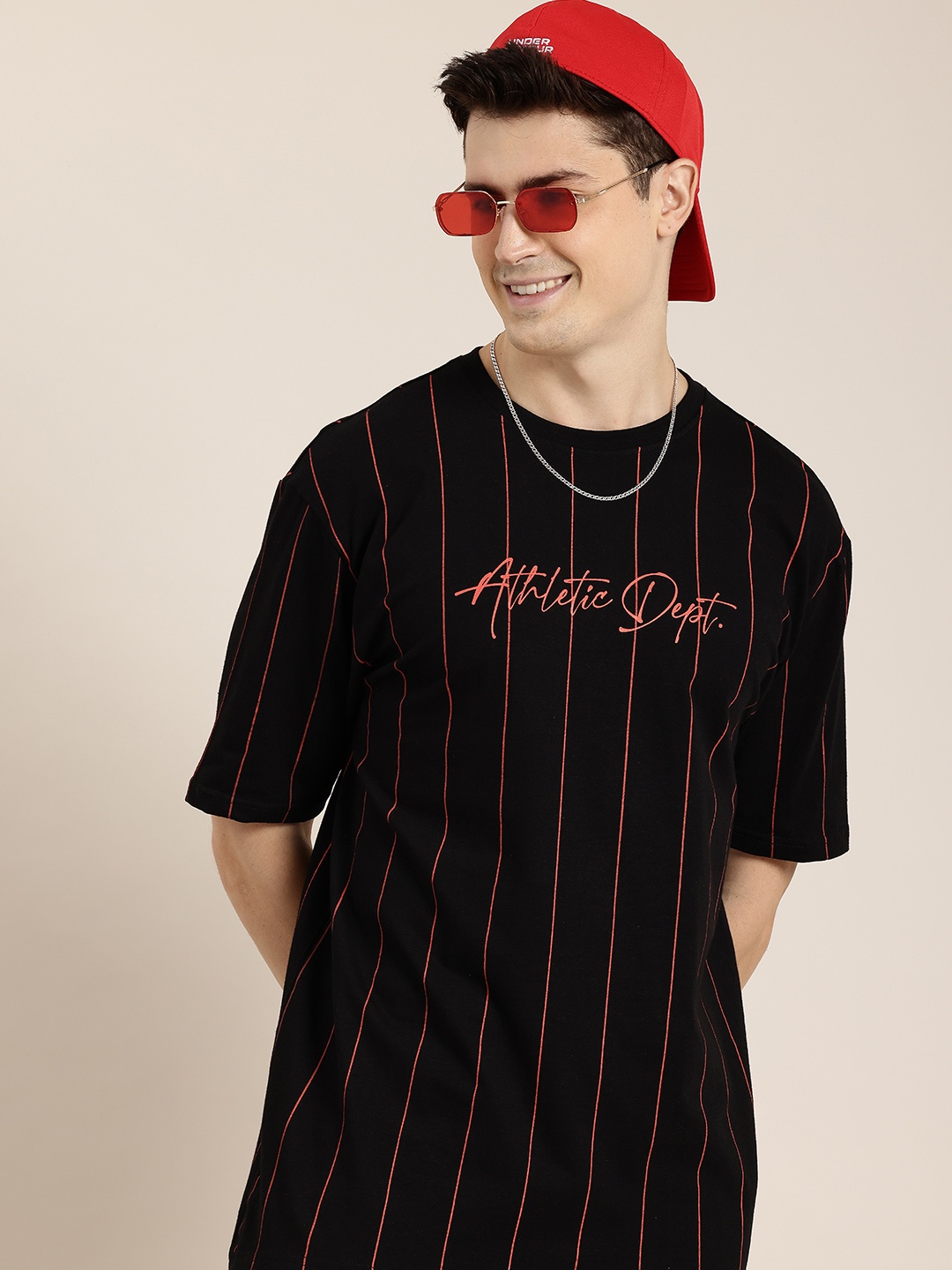 

HERE&NOW Pure Cotton Striped Drop-Shoulder Sleeves Oversized T-shirt, Black