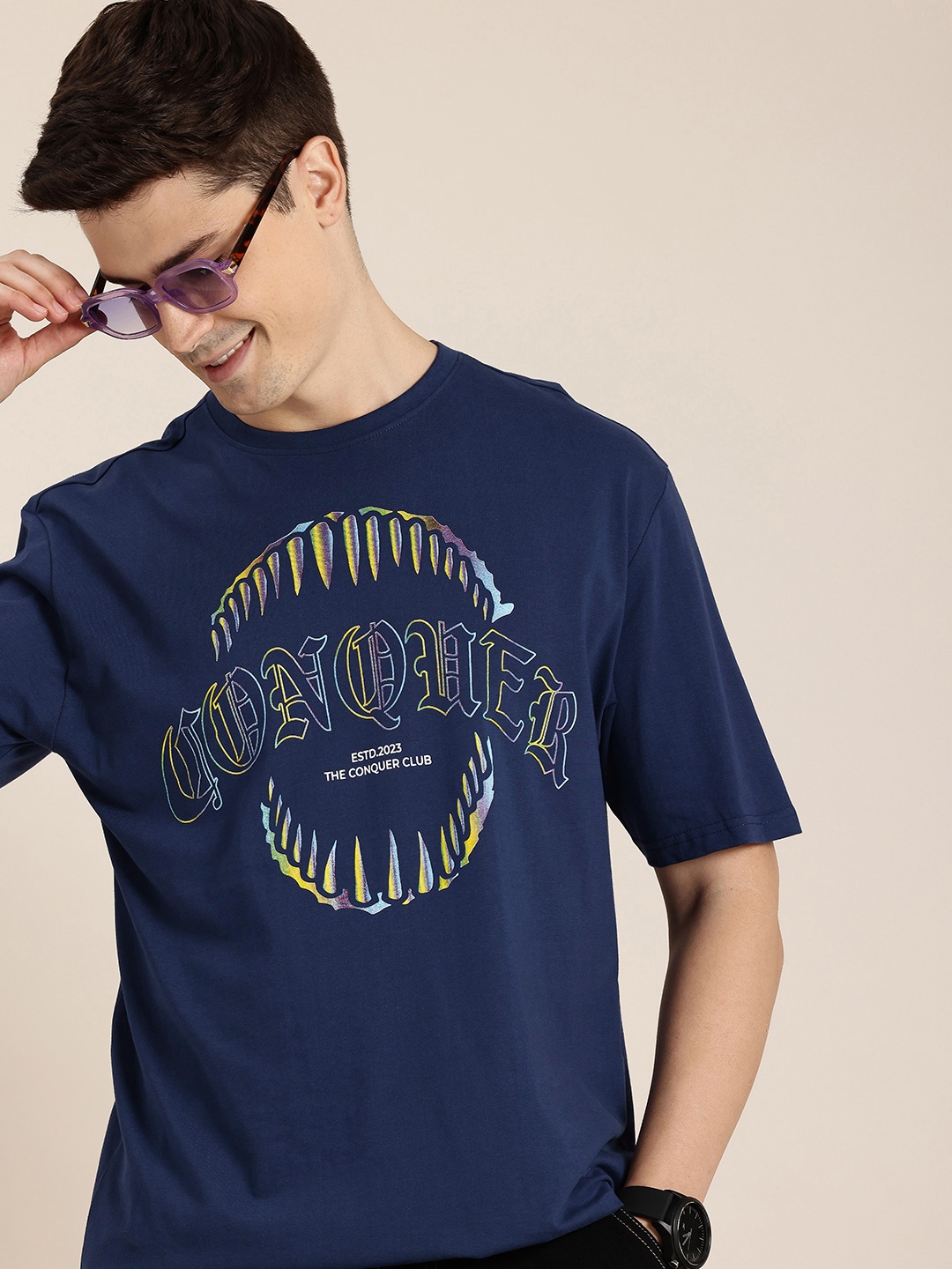 

HERE&NOW Men Typography Printed Pure Cotton T-shirt, Blue