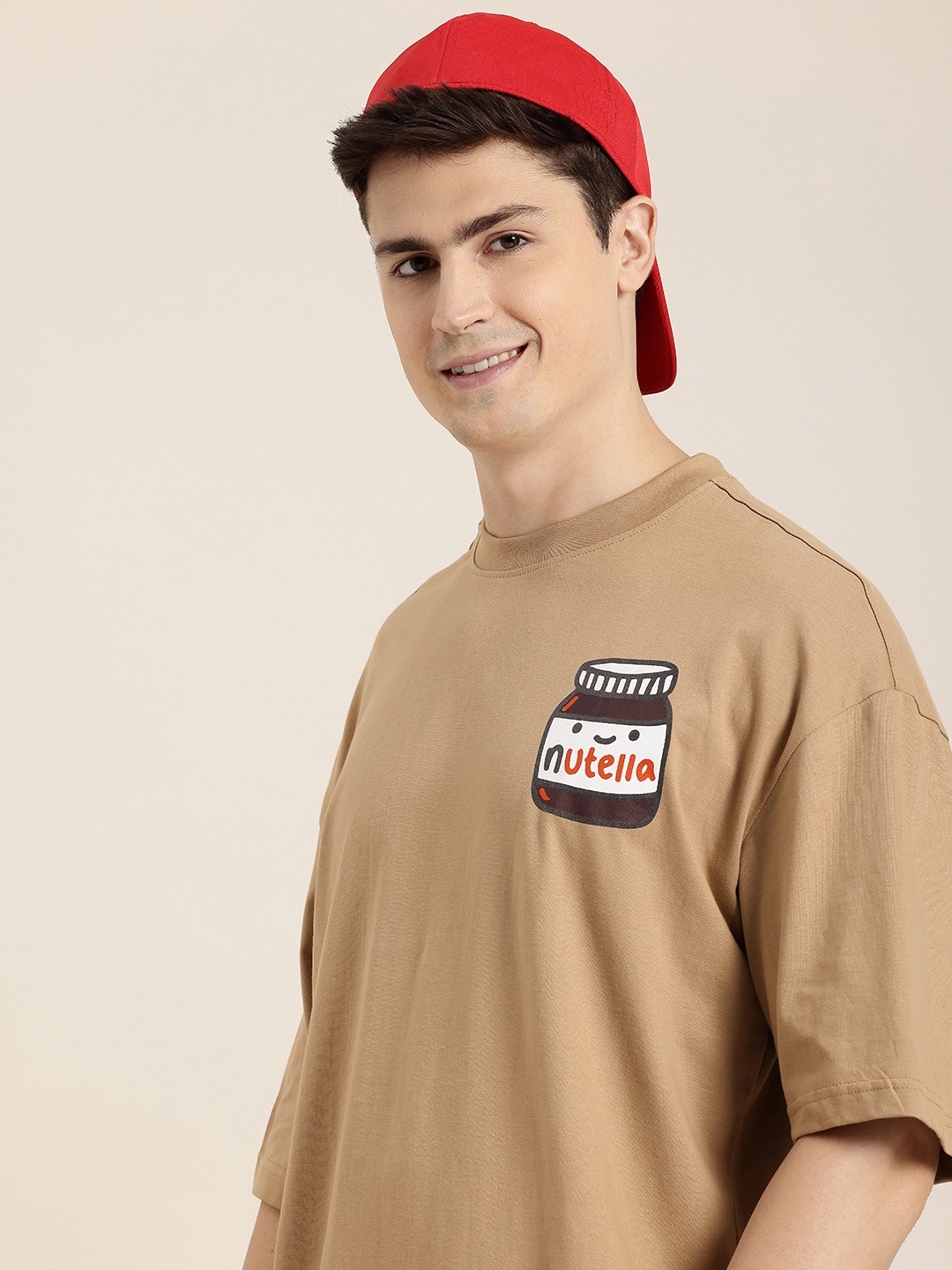 

HERE&NOW Men Pure Cotton Oversized T-shirt, Beige