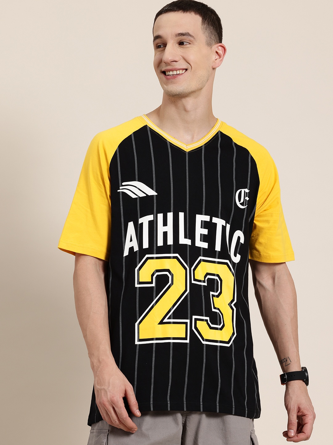 

HERE&NOW Pure Cotton Varsity Printed V-Neck Oversized T-shirt, Black