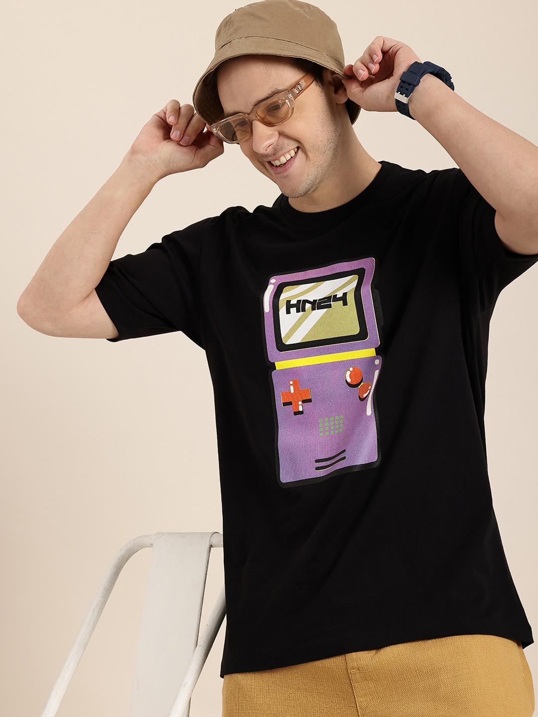 

HERE&NOW Printed Pure Cotton Boxy T-shirt, Black