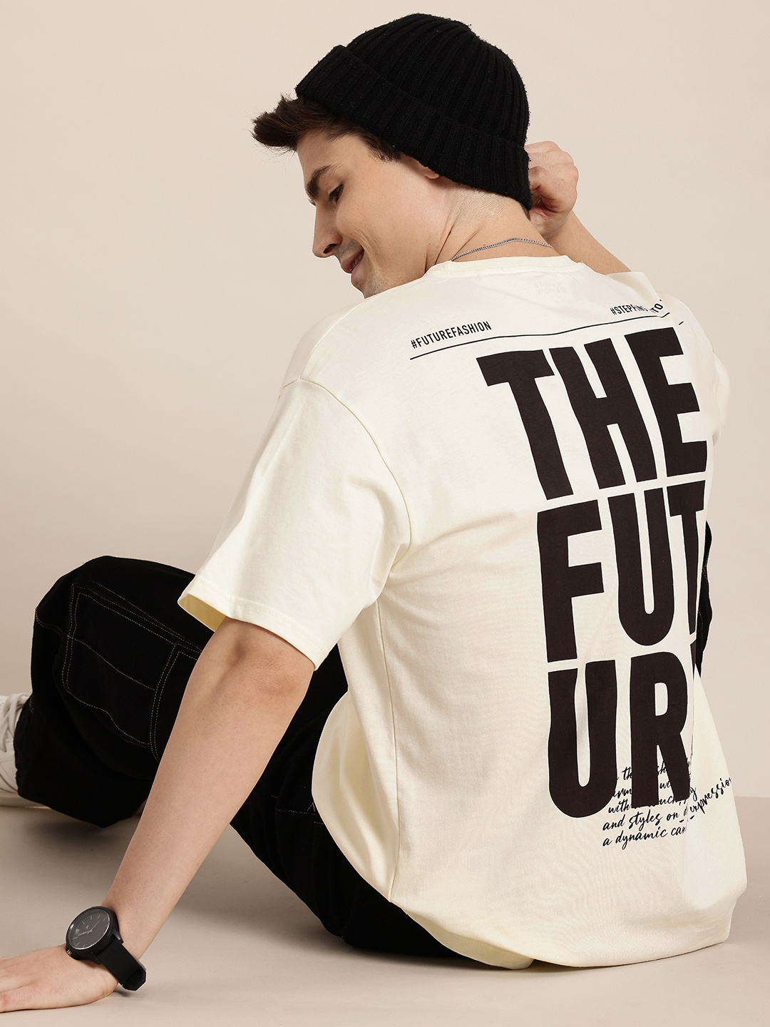 

HERE&NOW Men Typography Printed Pure Cotton T-shirt, Off white