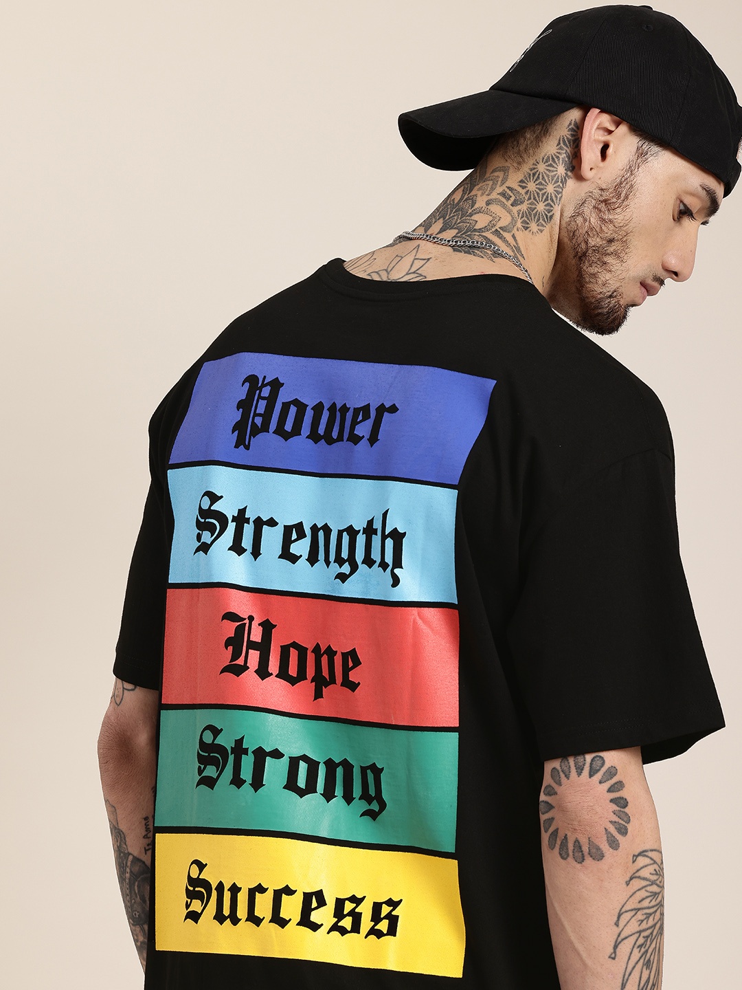 

HERE&NOW Typography Printed Drop-Shoulder Sleeves Pure Cotton Boxy T-shirt, Black