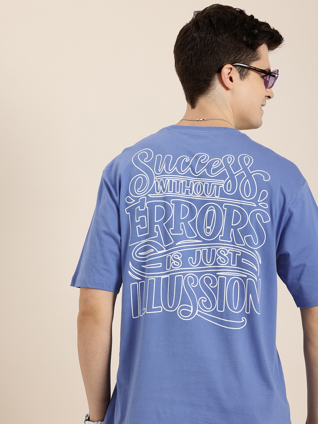 

HERE&NOW Typography Printed Drop-Shoulder Sleeves Pure Cotton Boxy T-shirt, Blue