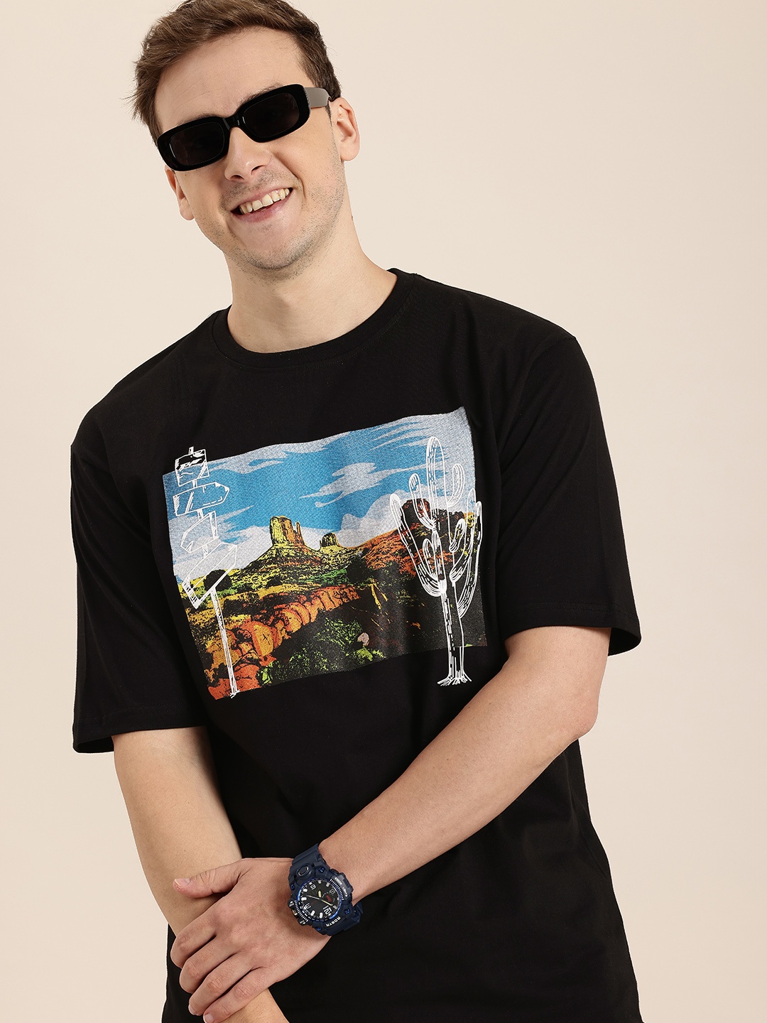 

HERE&NOW Graphic Printed Pure Cotton T-shirt, Black