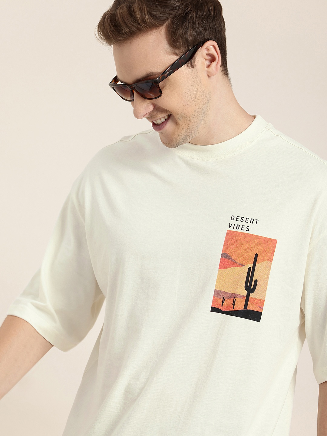 

HERE&NOW Printed Drop-Shoulder Sleeves Pure Cotton Oversized T-shirt, Cream