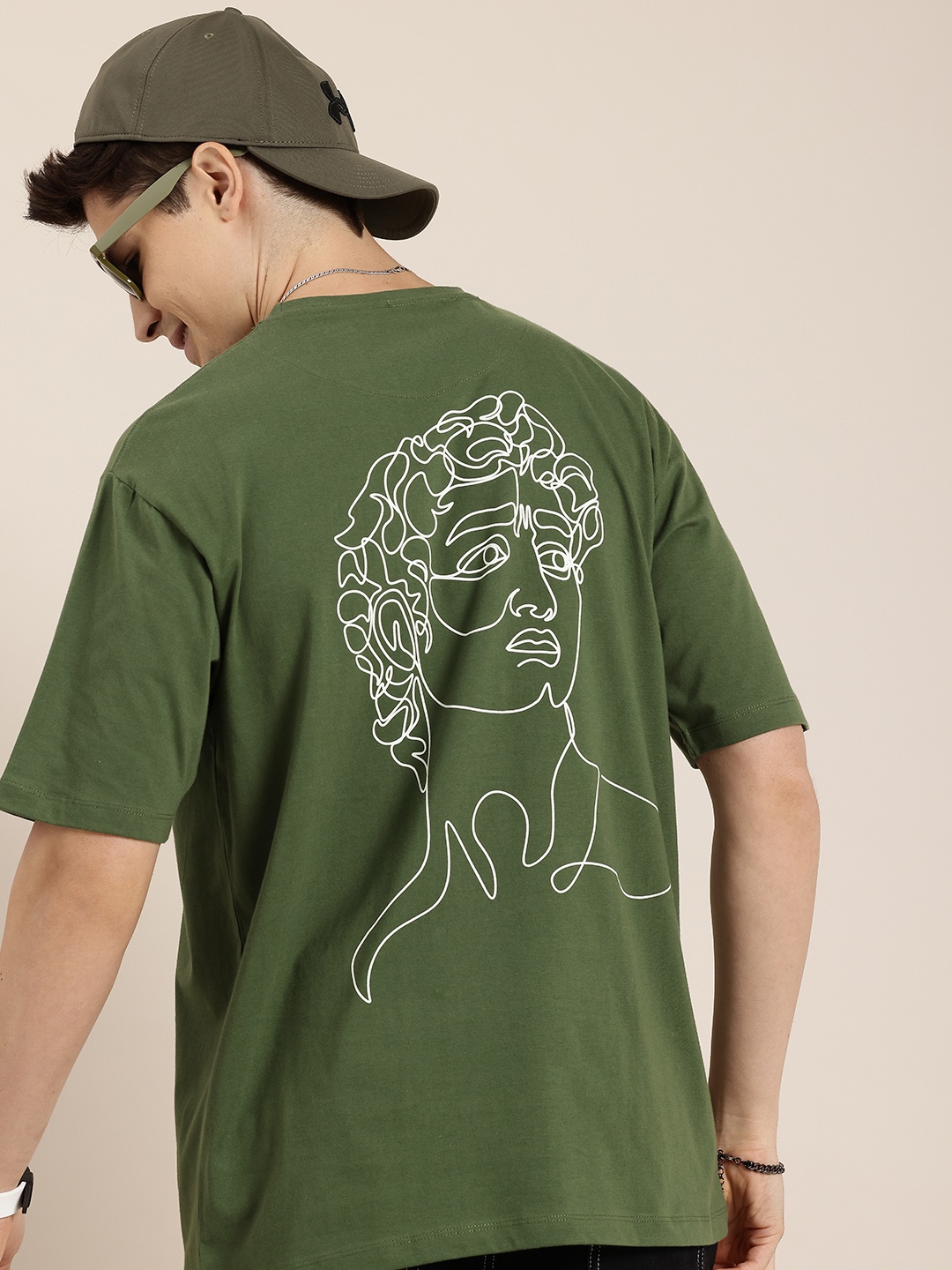 

HERE&NOW Graphic Printed Drop-Shoulder Sleeves Boxy Pure Cotton T-shirt, Green