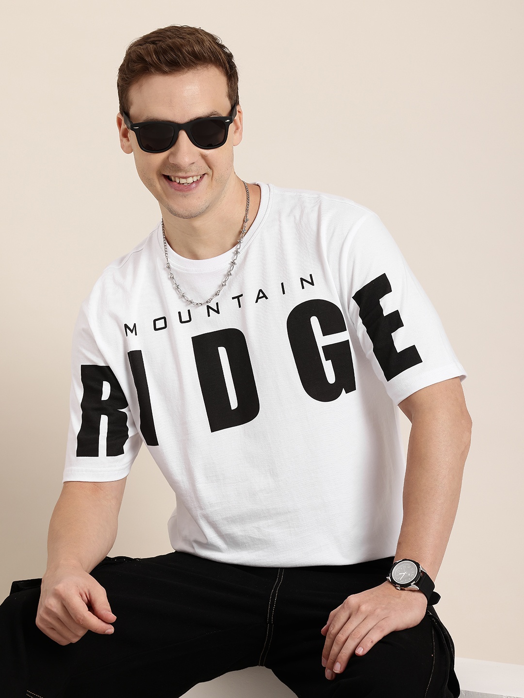 

HERE&NOW Pure Cotton Typography Printed Drop-Shoulder Sleeves T-shirt, White