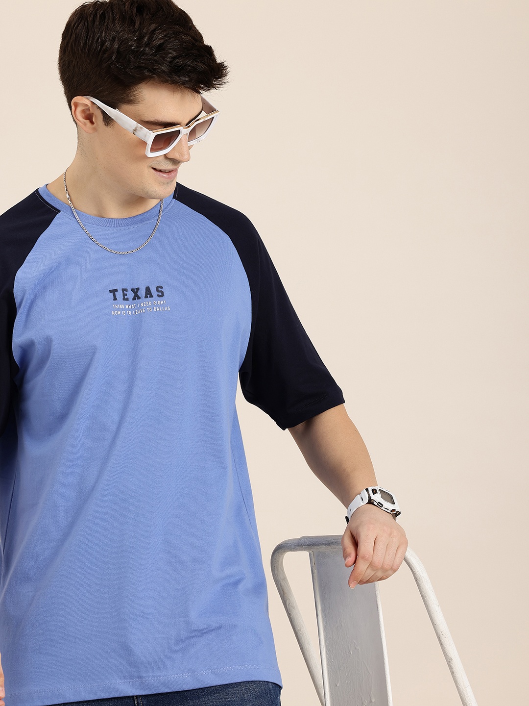 

HERE&NOW Printed Pure Cotton Oversized T-shirt, Blue