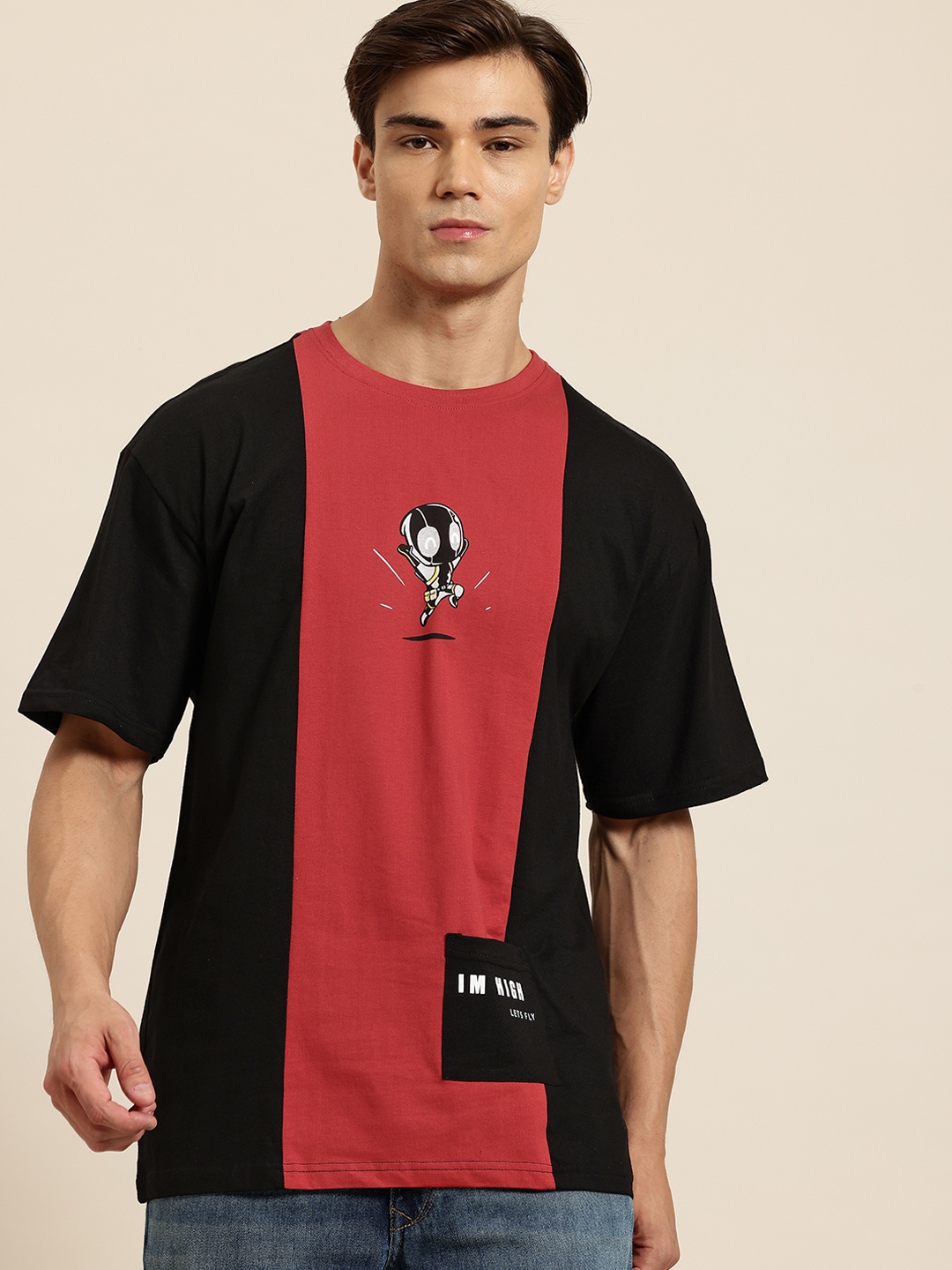 

HERE&NOW Colourblock Drop-Shoulder Sleeves Pure Cotton T-shirt, Red