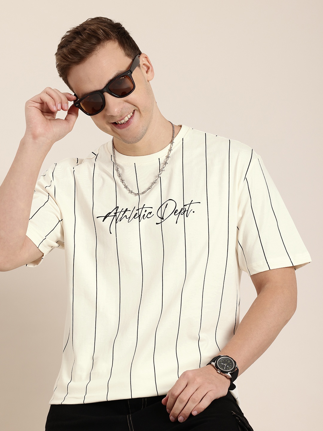 

HERE&NOW Pure Cotton Striped Drop-Shoulder Sleeves Oversized T-shirt, Cream
