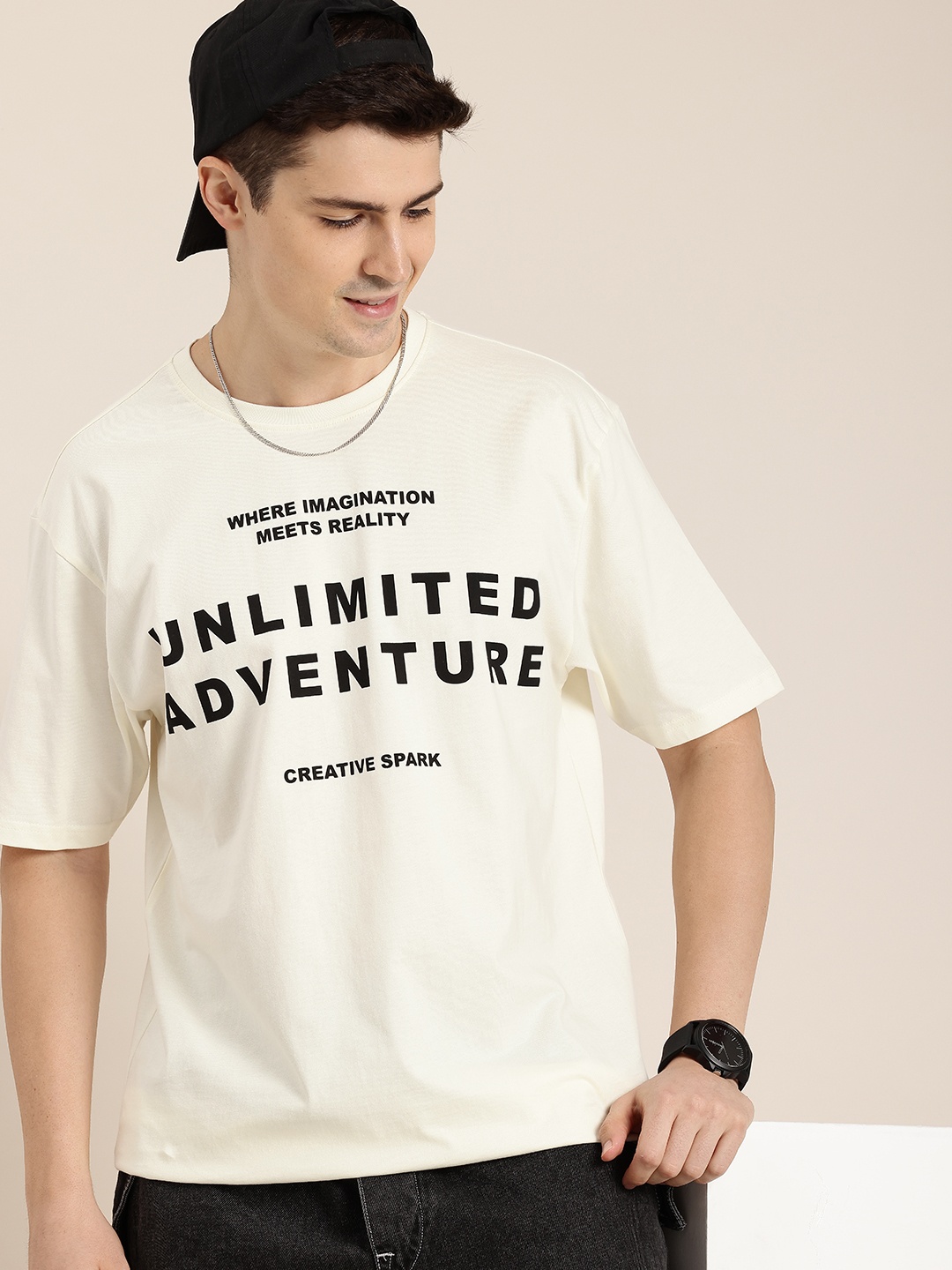 

HERE&NOW Typography Printed Drop-Shoulder Sleeves Pure Cotton Oversized T-shirt, Off white