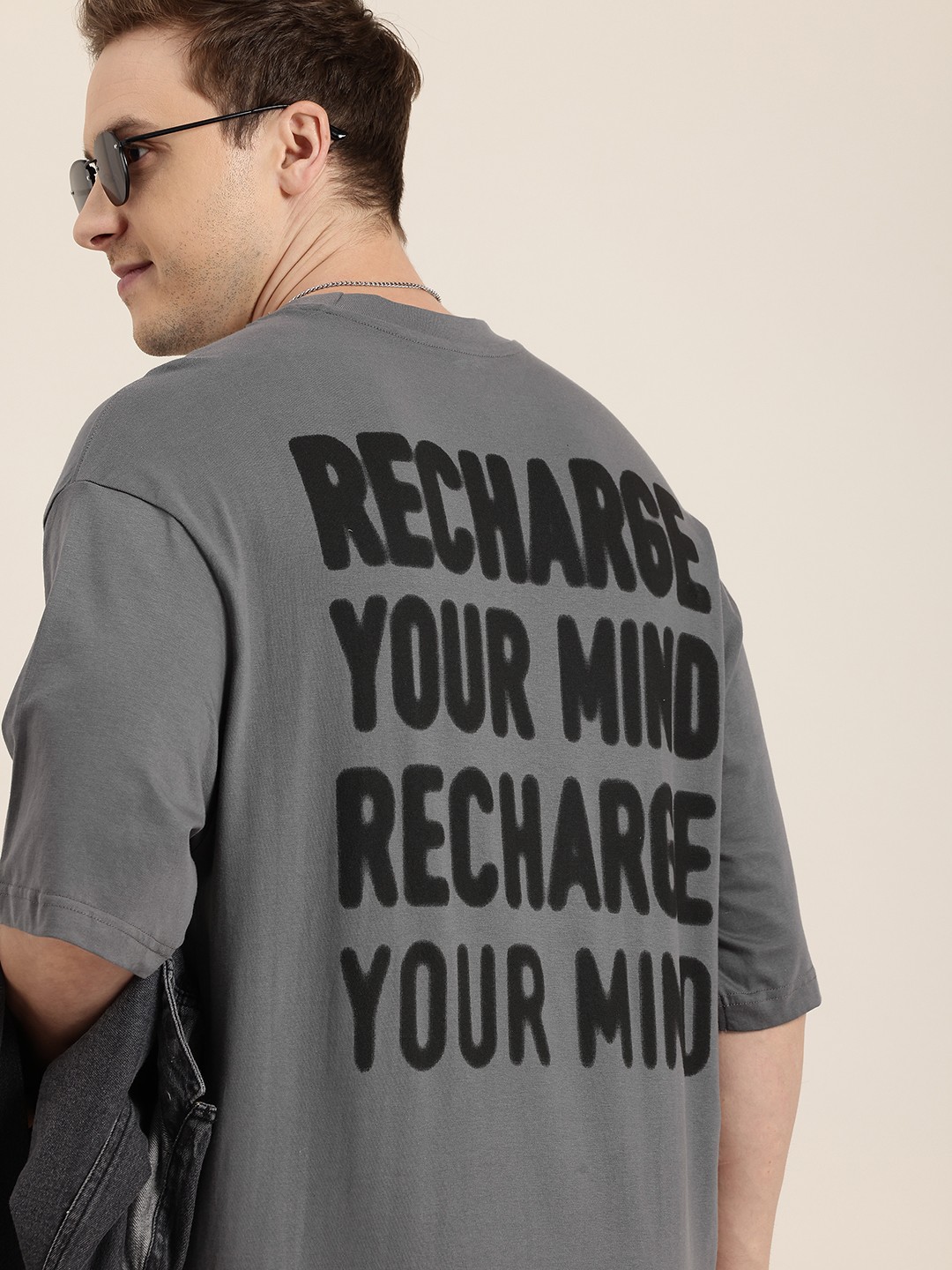 

HERE&NOW Typography Printed Drop-Shoulder Sleeves Pure Cotton Oversized T-shirt, Grey