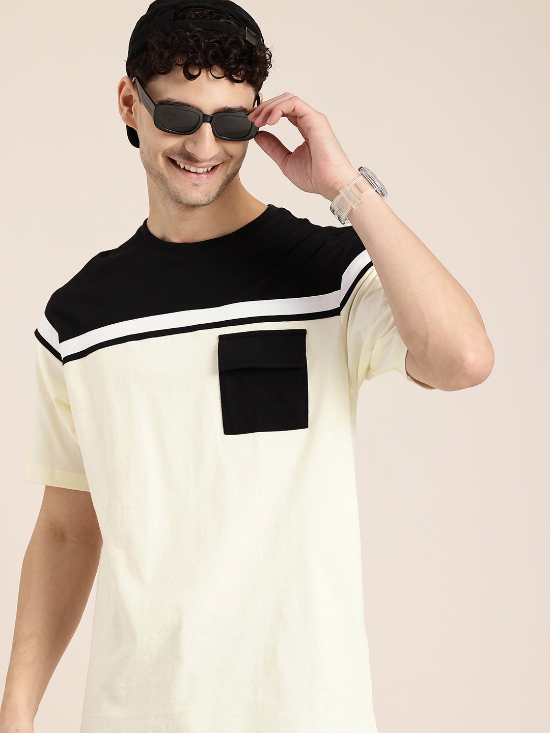 

HERE&NOW Colourblocked Drop-Shoulder Sleeves Pure Cotton Pockets Boxy T-shirt, Off white
