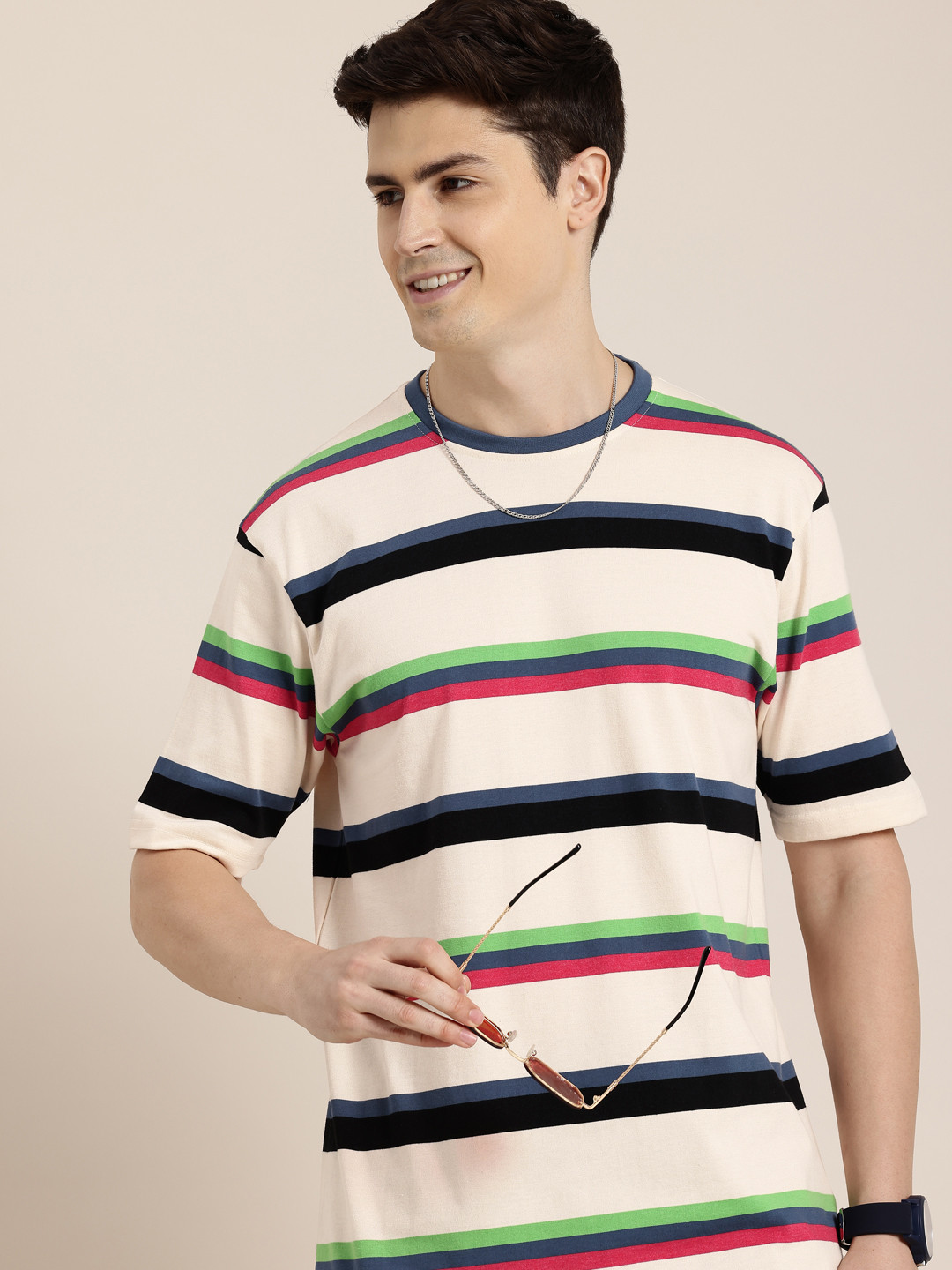 

HERE&NOW Striped Oversized Drop-Shoulder Sleeves T-shirt, Cream