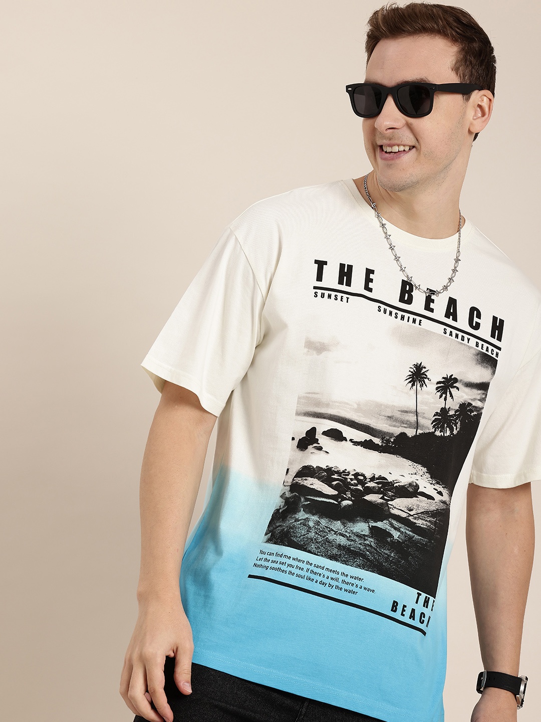 

HERE&NOW Pure Cotton Graphic Printed Drop-Shoulder Sleeves Boxy T-shirt, Off white