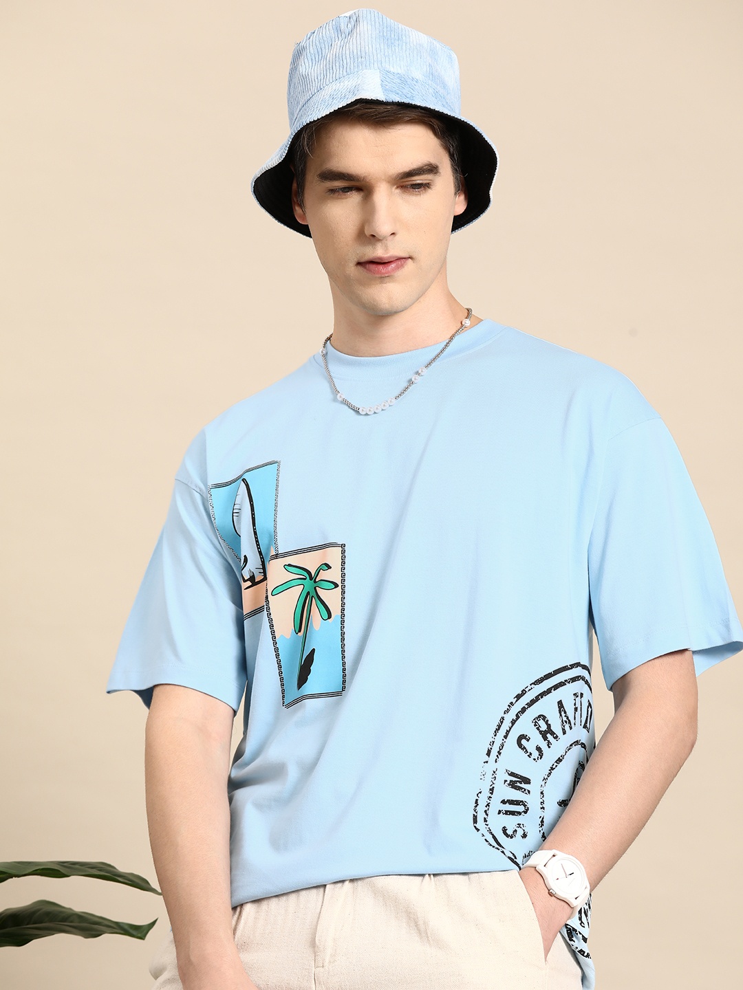 

Mast & Harbour Printed Drop-Shoulder Sleeves Oversized T-shirt, Blue