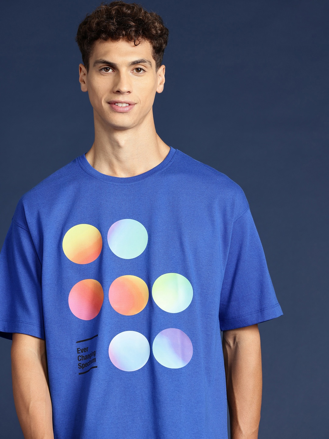 

Mast & Harbour Printed Drop-Shoulder Sleeves Oversized T-shirt, Blue