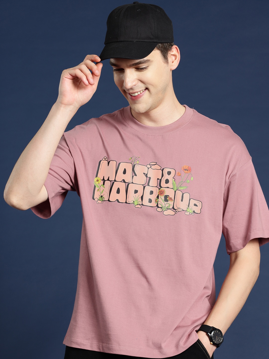 

Mast & Harbour Printed Drop-Shoulder Sleeves Oversized T-shirt, Pink