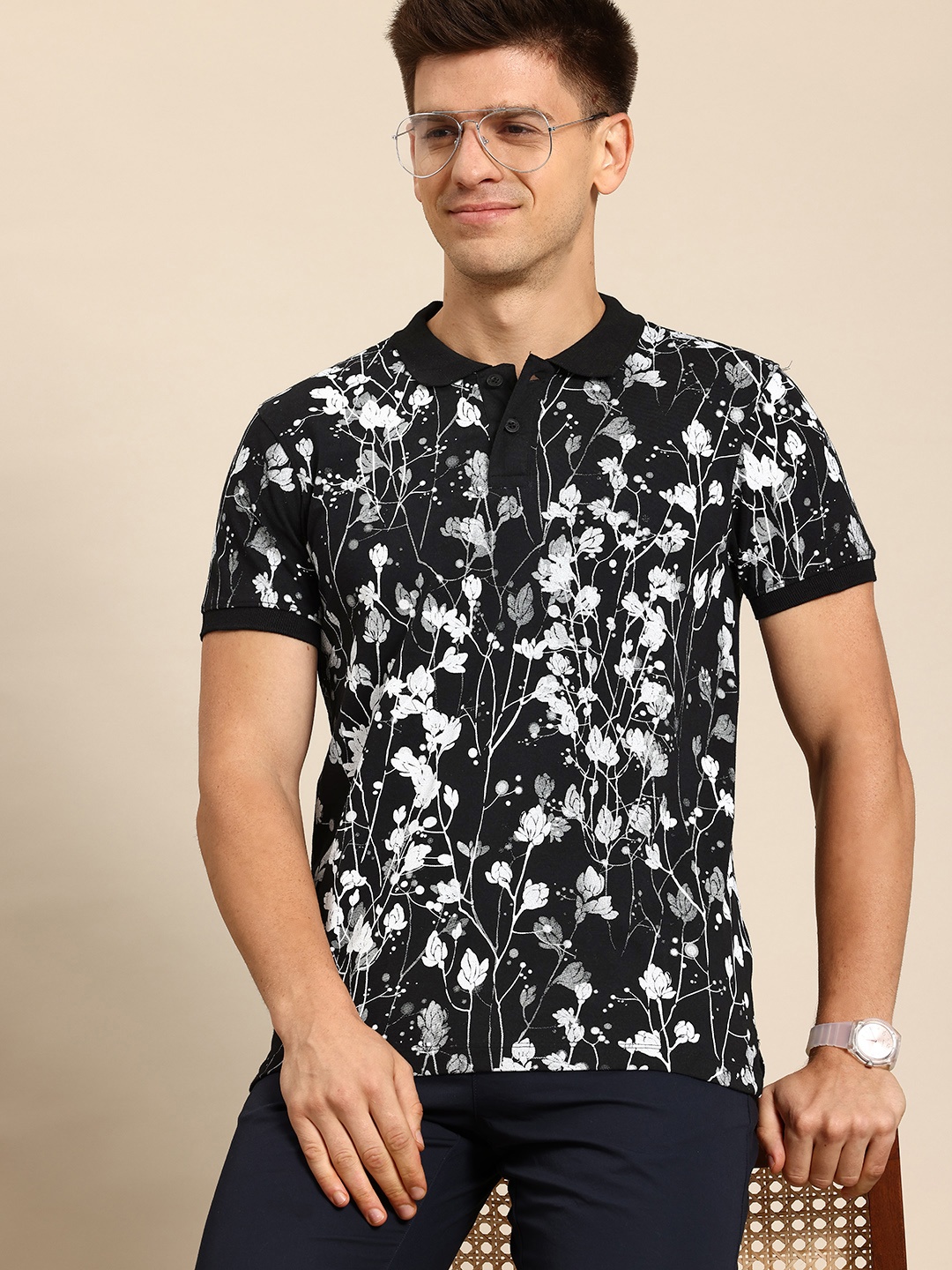 

Mast & Harbour Men Floral Printed Polo Collar T-shirt, Black