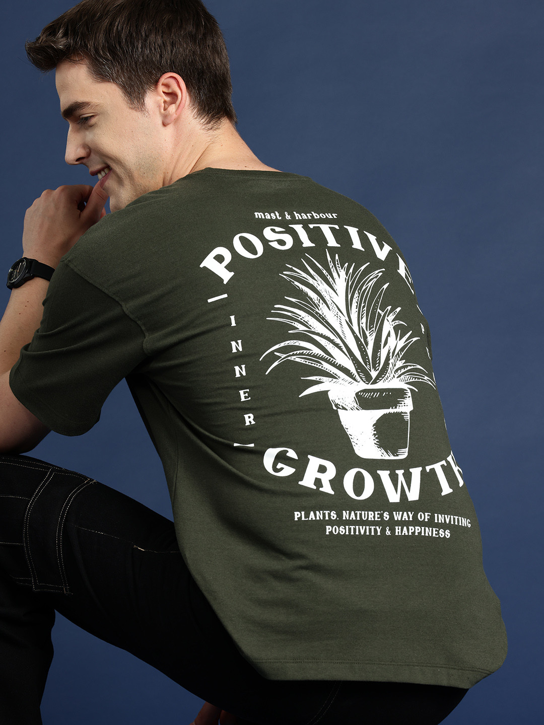 

Mast & Harbour Printed Drop-Shoulder Sleeves Oversized T-shirt, Olive