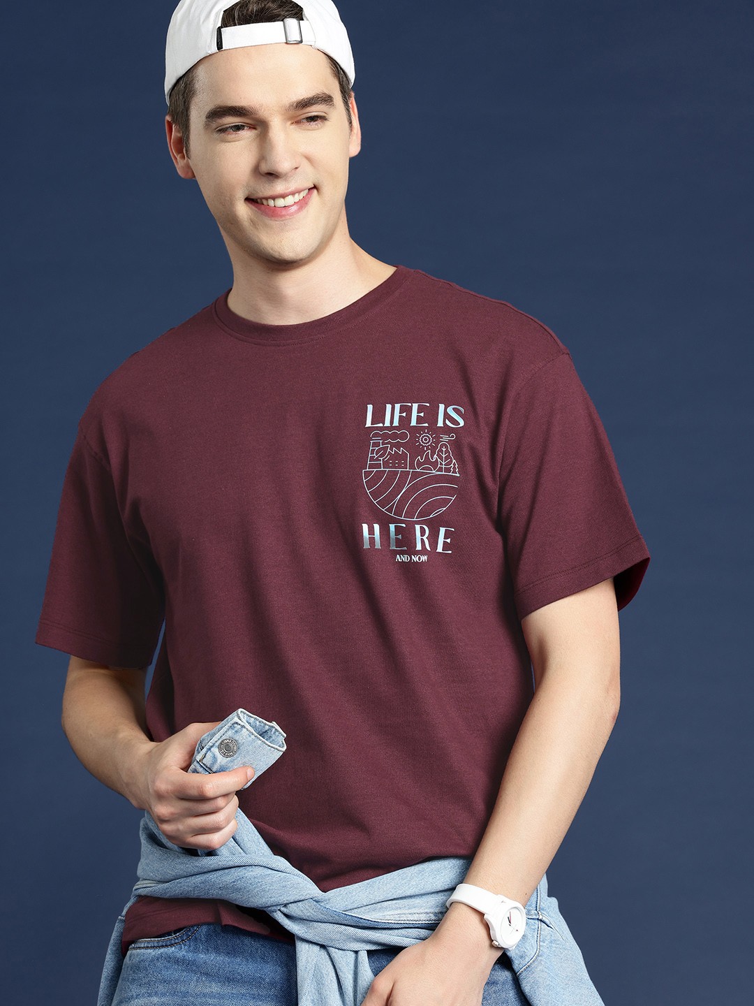 

Mast & Harbour Typography Printed Drop-Shoulder Sleeves Relaxed Fit T-shirt, Maroon