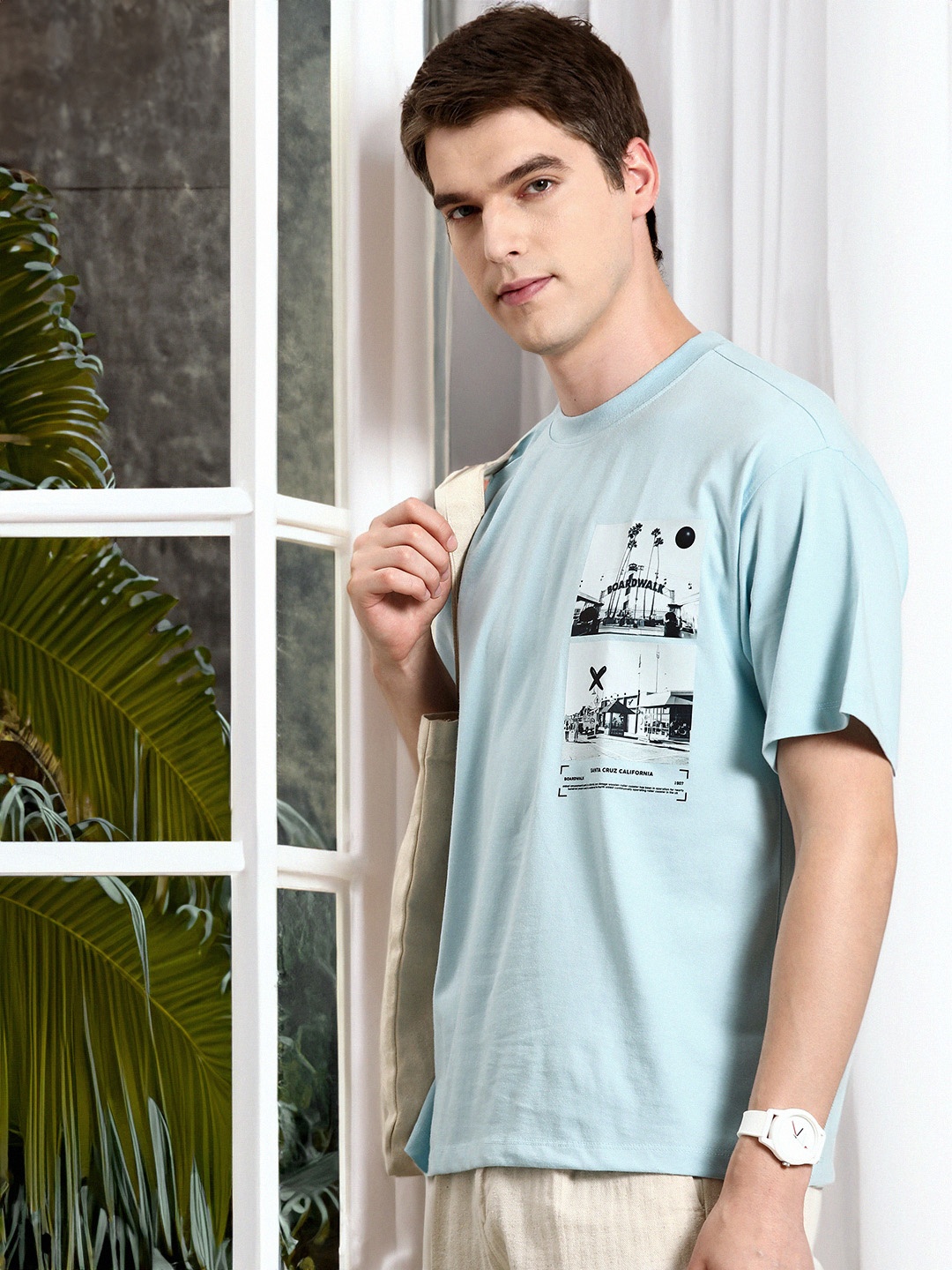 

Mast & Harbour Printed Drop-Shoulder Sleeves Oversized T-shirt, Blue