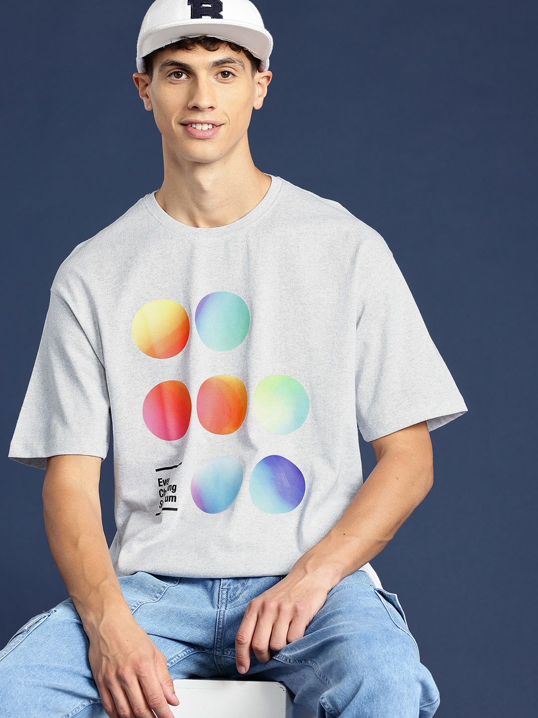 

Mast & Harbour Printed Drop-Shoulder Sleeves Oversized T-shirt, Grey melange
