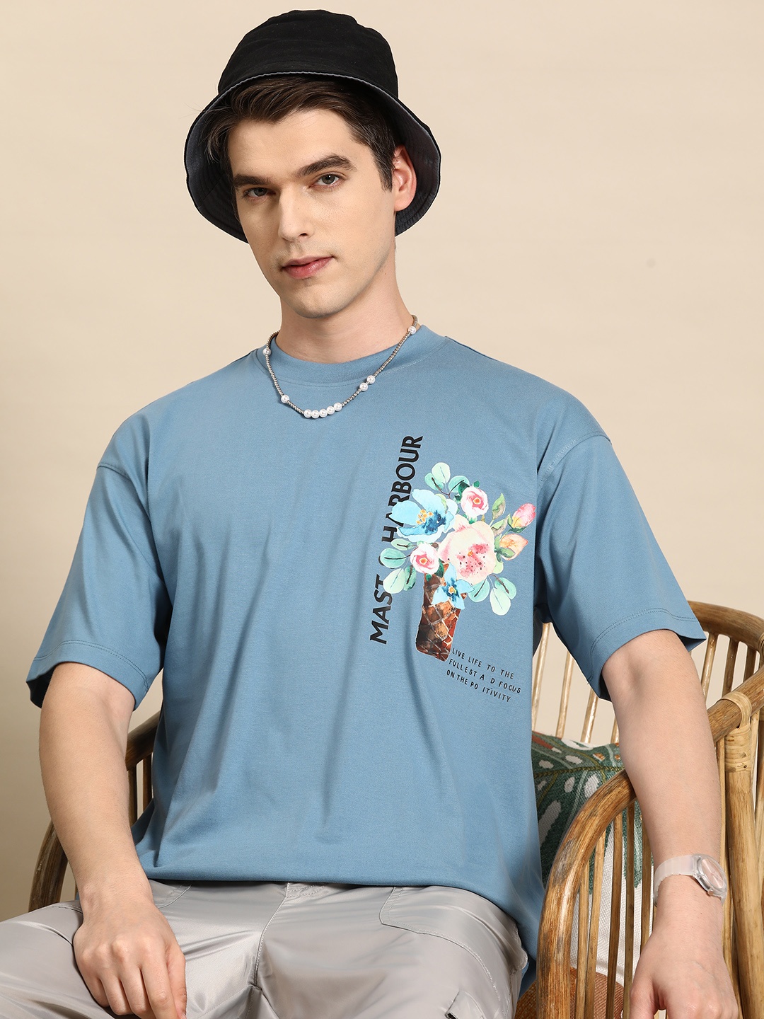 

Mast & Harbour Printed Drop-Shoulder Sleeves Oversized T-shirt, Blue