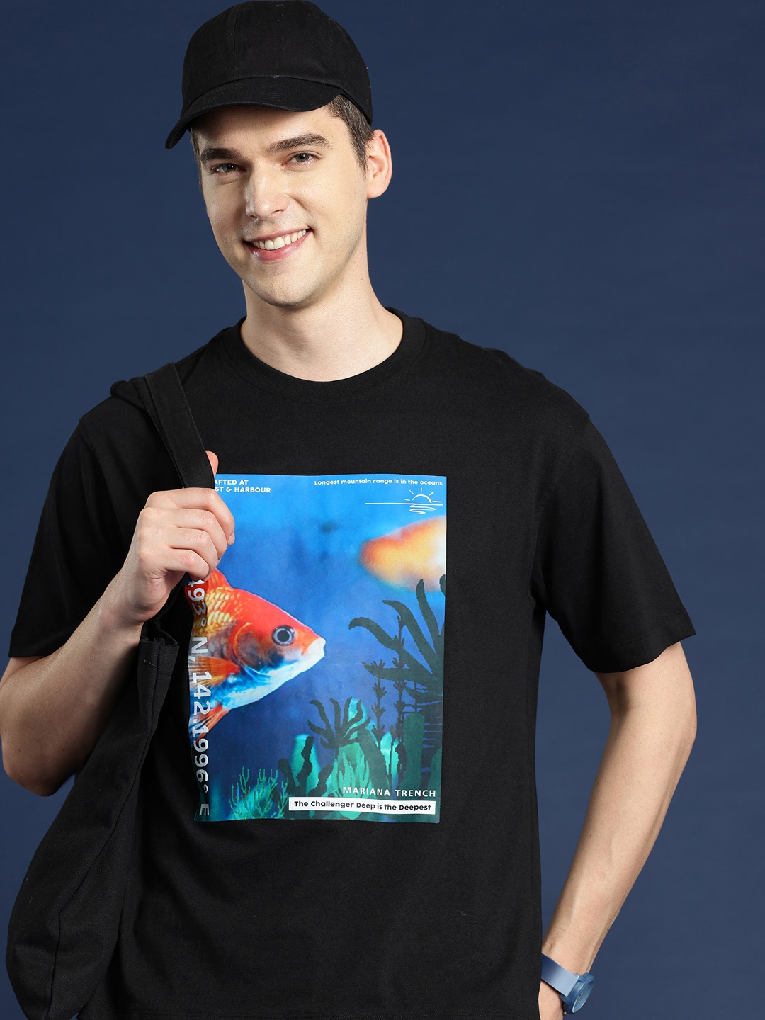 

Mast & Harbour Printed Drop-Shoulder Sleeves Relaxed Fit T-shirt, Black
