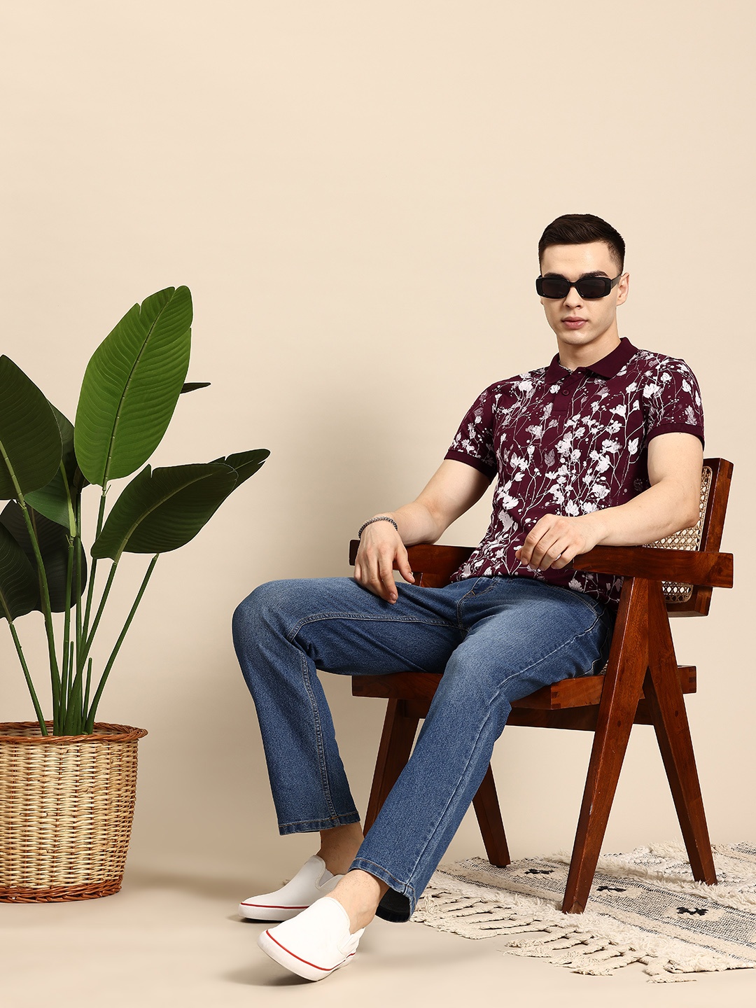 

Mast & Harbour Floral Print Polo Collar T-shirt, Burgundy