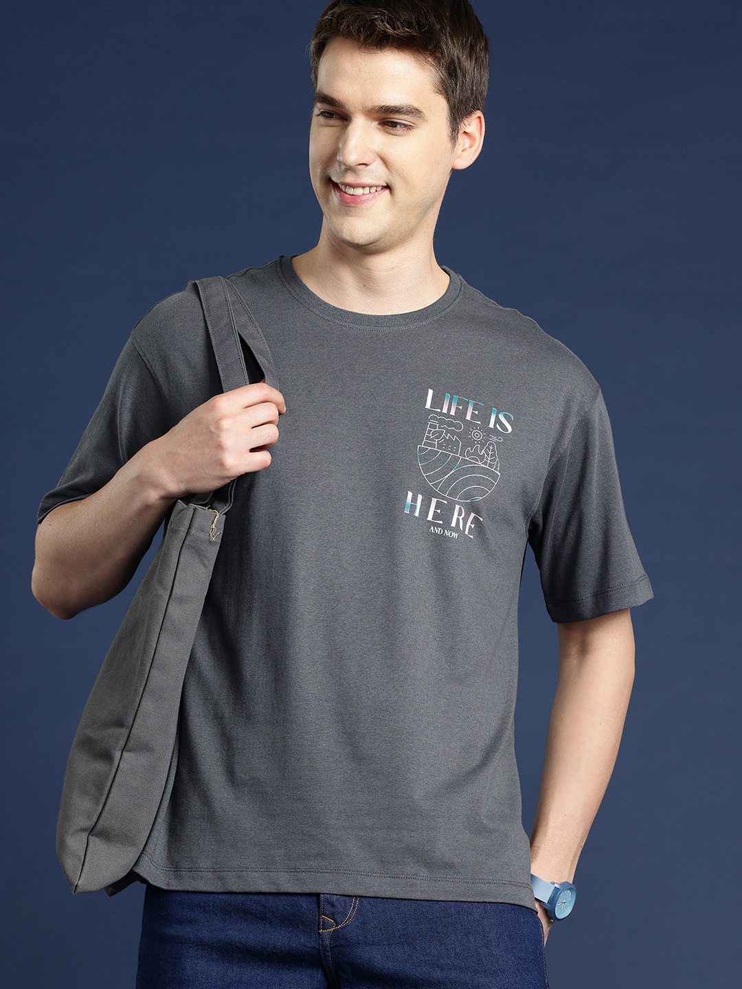 

Mast & Harbour Printed Drop-Shoulder Sleeves Relaxed Fit T-shirt, Grey