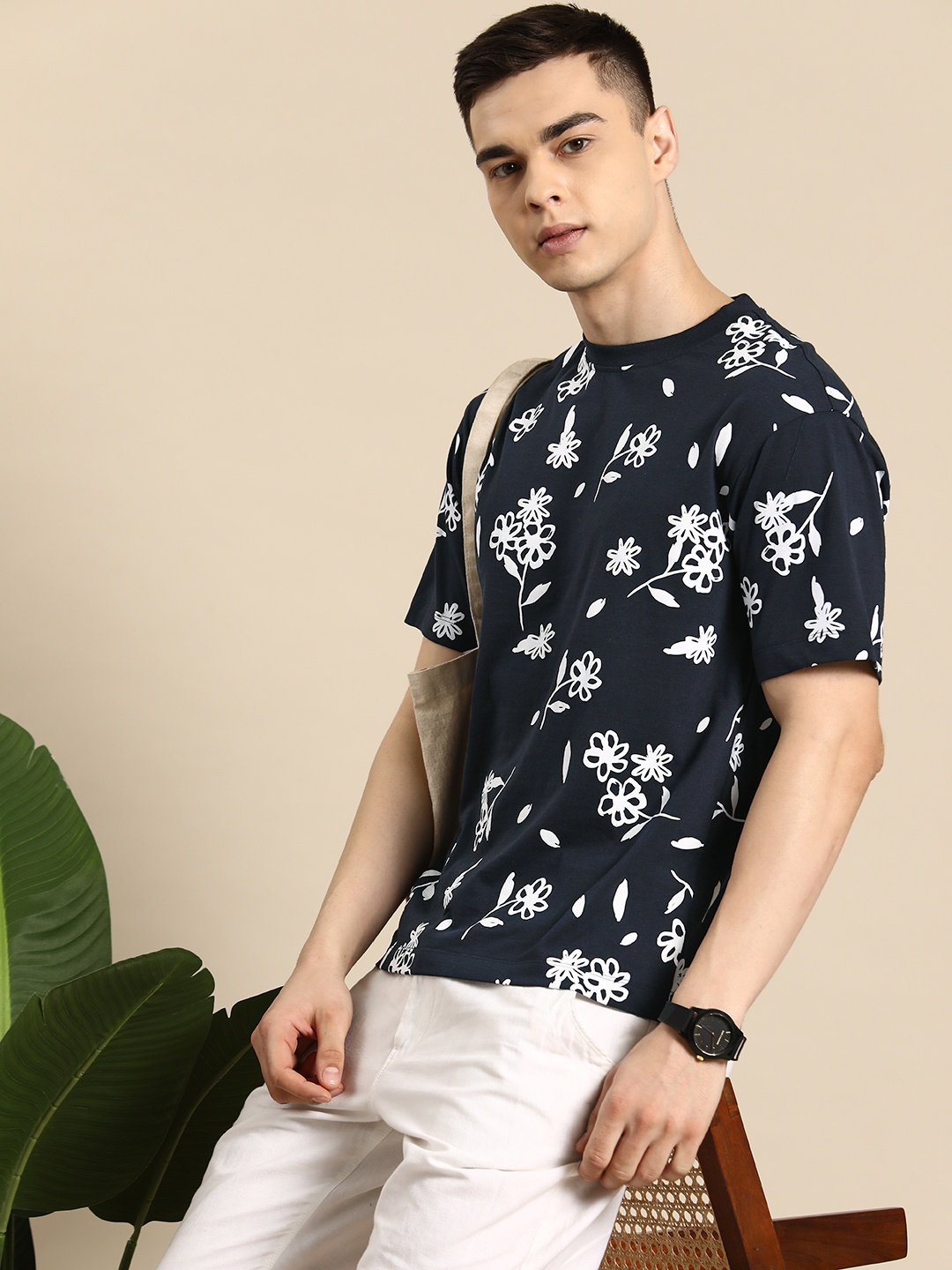 

Mast & Harbour Floral Printed Round Neck T-shirt, Navy blue