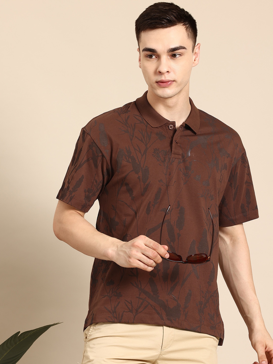

Mast & Harbour Floral Printed Polo-Collar T-shirt, Brown