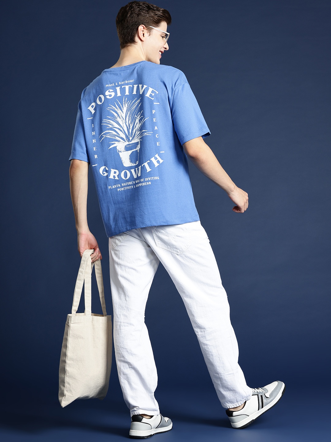 Mast & Harbour Printed Drop-Shoulder Sleeves Oversized T-shirt, Blue