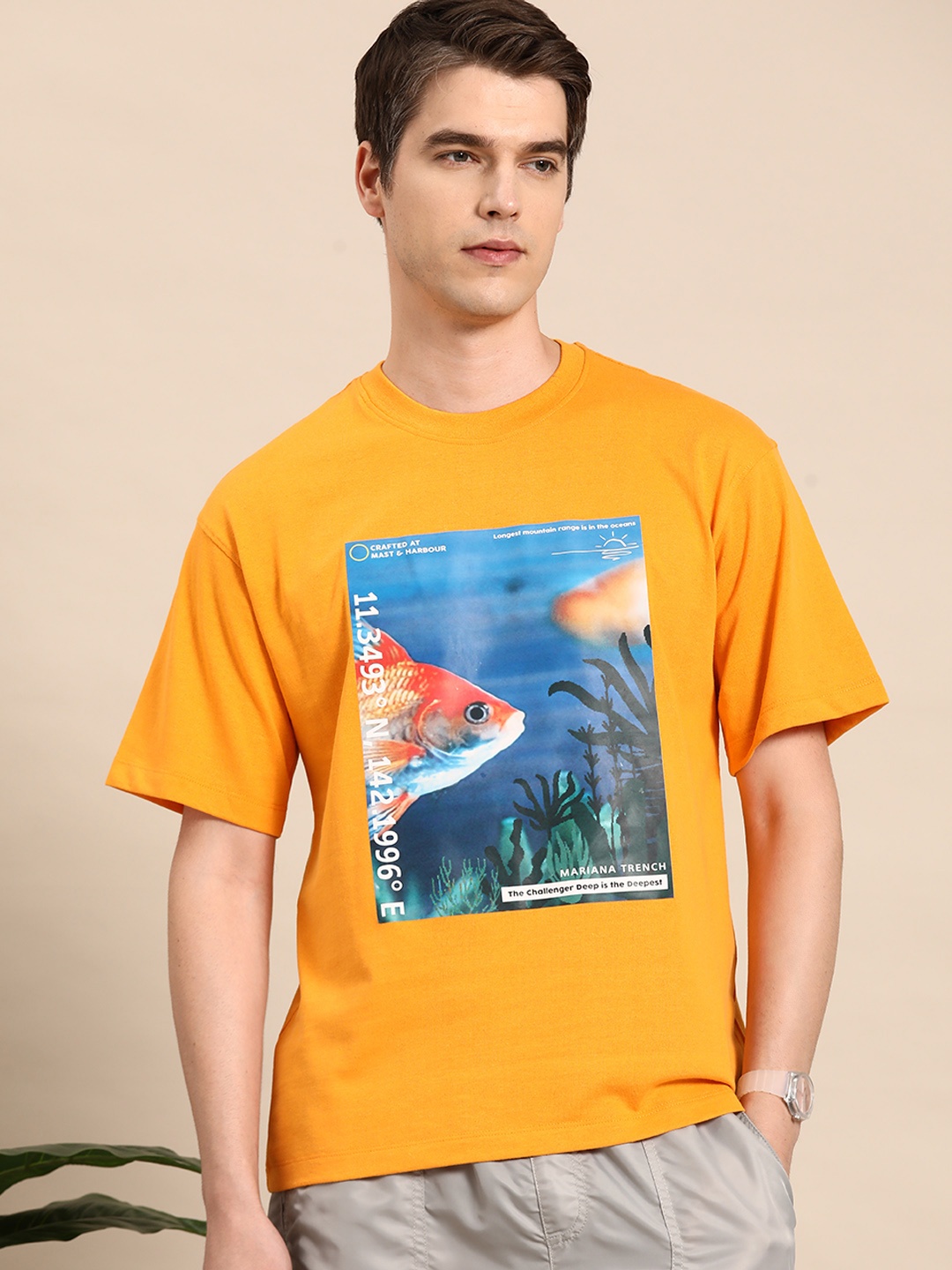 

Mast & Harbour Printed Drop-Shoulder Sleeves Relaxed T-shirt, Orange