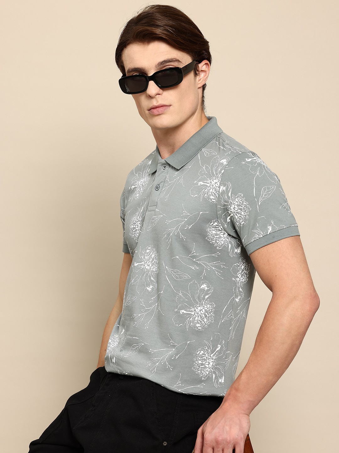 

Mast & Harbour Floral Printed Polo Collar T-shirt, Grey