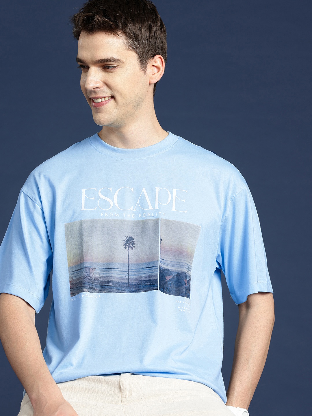 

Mast & Harbour Men Printed Drop-Shoulder Sleeves Oversized T-shirt, Blue