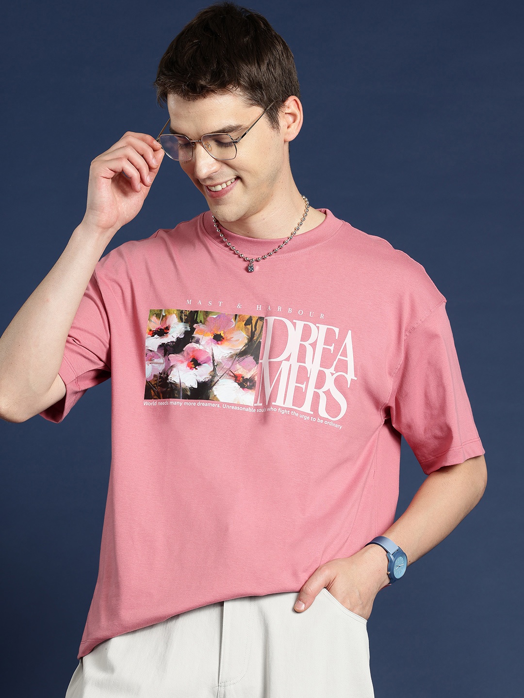 

Mast & Harbour Printed Drop-Shoulder Sleeves Oversized T-shirt, Pink