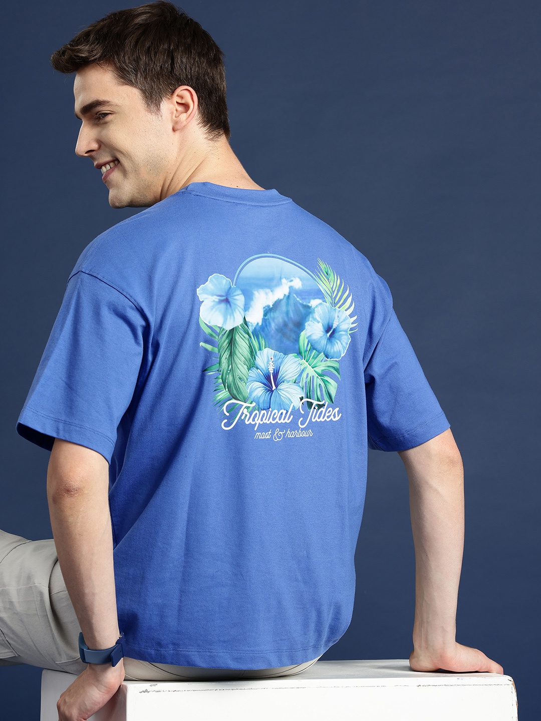 

Mast & Harbour Printed Drop-Shoulder Sleeves Oversized T-shirt, Blue