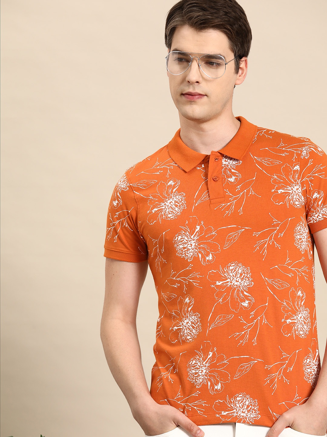 

Mast & Harbour Floral Printed Polo Collar T-shirt, Orange